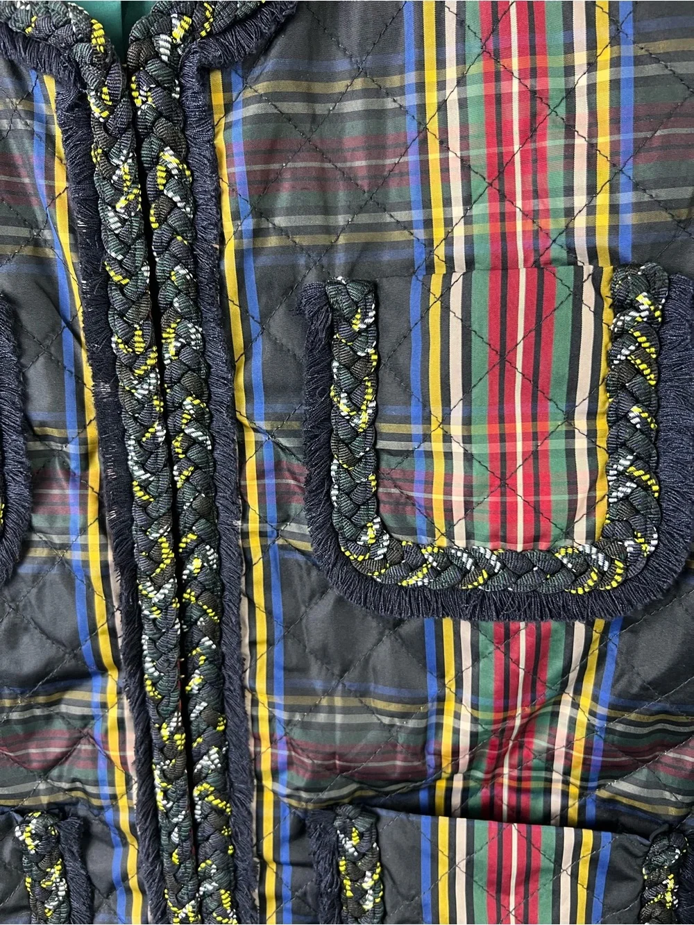 J. Crew Quilted Lady Stewart Tartan Plaid with Braided Trim Collarless Jacket